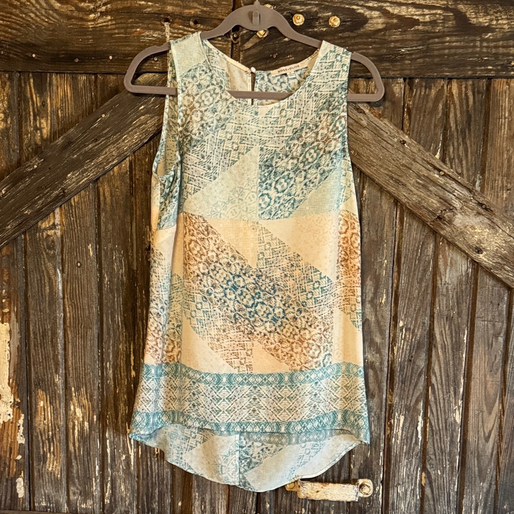 Rose & Olive Patchwork Print Sleeveless Top in Teal & Cream